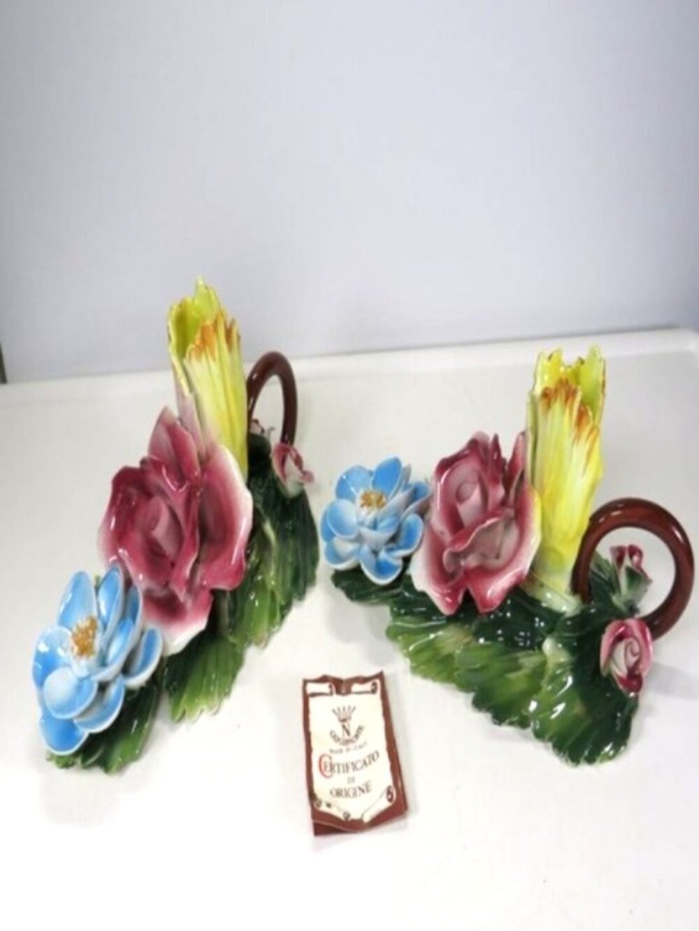 Vintage Capodimonte Italian Porcelain Flower Taper Candle Holders - Pair, Crown